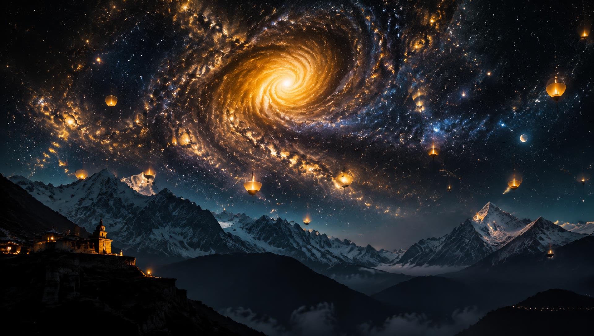A galaxy turning above Himalayan peaks with floating lamps